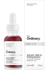 a bottle of The Ordinary AHA 30% + BHA 2% Peeling Solution